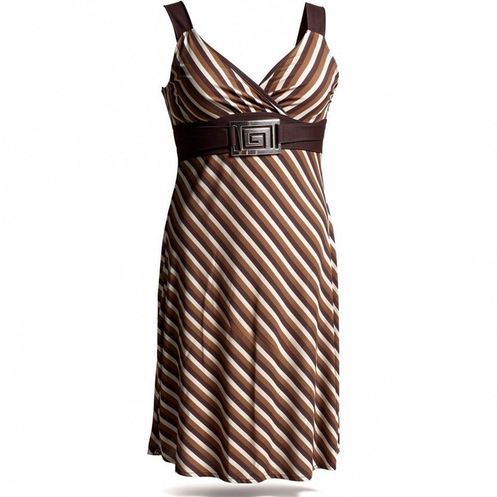 Brown & White Striped Gidani Sleeveless Dress With Belted Waist & Silver Buckle